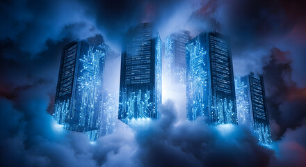 Futuristic cityscape floating among ethereal clouds, illuminated with electric blue light.