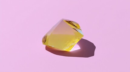 A multifaceted, translucent yellow crystal shines on a vibrant pink surface, casting a distinct shadow.