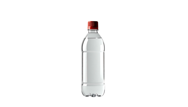 Clear plastic bottle with a red screw-on cap, slightly curved sides, and a slightly indented base, set against a black background