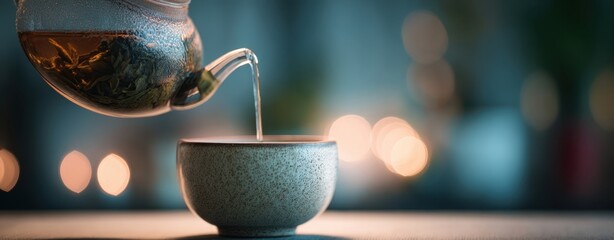 The teapot pouring warm herbal tea into a cozy ceramic cup