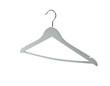 A light-grey wooden clothes hanger with a curved top bar and a metal hook, presented against a black background
