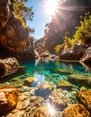 Obraz premium Crystal-clear mountain pool, sunbeams