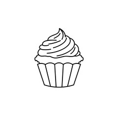 Black line drawing of a cupcake with frosting on a white background  