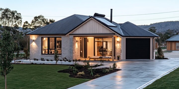 Fototapeta Chic Scandinavian-Inspired Home with Modern Exterior Design, Clean Lines, and Landscaping