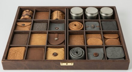 Leather accessories organizer with various compartments and metal tins