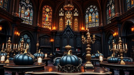Obraz premium Gothic hall decorated with pumpkins and candelabras under stained glass windows in dim lighting