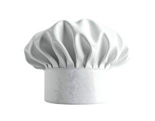 A pristine white chef's toque, tall and puffy, sits on a slightly textured, off-white band