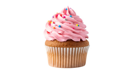 Delicious cupcake isolated on transparent background, a sweet treat with pink frosting and colorful sprinkles, perfect for dessert or celebration
