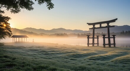 Misty sunrise over japanese torii gate and pagoda