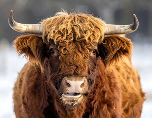 Close-up of a Highland cow in winter