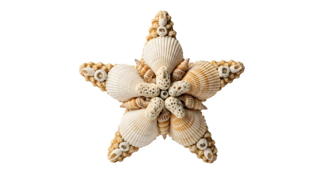 A decorative starfish made of seashells isolated on transparent background, a beautiful and unique piece of art for coastal or nautical themed decor