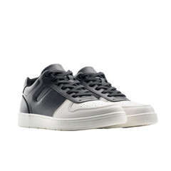 Two black and white leather sneakers, side view, showing laces, midsole, and toe area