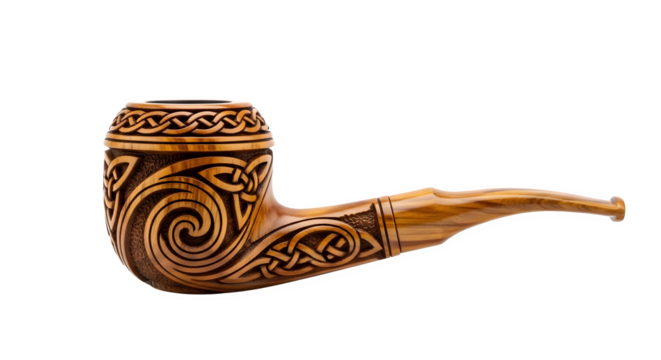 An intricately carved wooden smoking pipe isolated on transparent background, a unique and artistic piece for tobacco enthusiasts and collectors alike