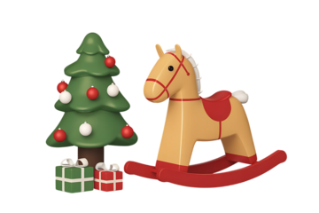 A Charming Christmas Scene Featuring a Festive Miniature Christmas Tree and a Classic Rocking Horse Toy Isolated on transparent background, cutout