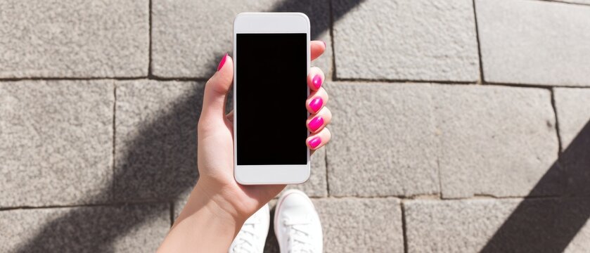 The smartphone held in a woman's hand on a sunny outdoor pavement.