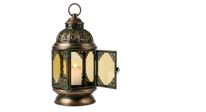 Ornate bronze lantern with an open door and a lit candle inside isolated on transparent background, creating a warm and inviting atmosphere in any space - Powered by Adobe