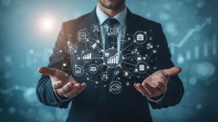 Data Visualization: A sharply dressed executive presents an intricate network of data visualizations, a symbol of analytical power and business insight.