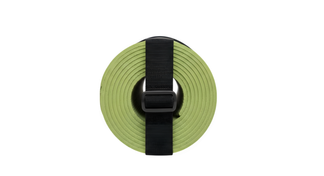 A rolledup light green webbing strap with a black plastic buckle, isolated on transparent background, perfect for securing luggage or outdoor gear