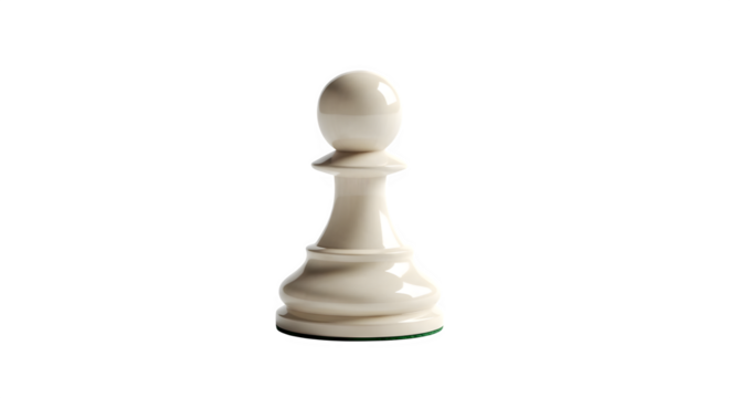 A single white pawn chess piece, isolated on transparent background, standing ready for strategic gameplay and intellectual challenge