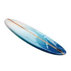 A long, blue and white surfboard with a paddle