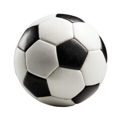 A black and white soccer ball, centered against a black background.  It's a classic design with a leather-like texture, showing distinct pentagonal and hexagonal panels