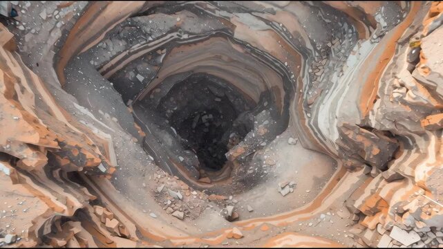 Aerial view of a collapsed ground in a residential area, houses partially tilted near the sinkhole, realistic disaster scene, no people
