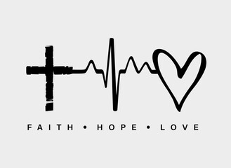 Faith Hope Love - creative concept for t-shirt. Inspiration design with cross, pulse line and heart for church merch or youth apparel. Vector illustration