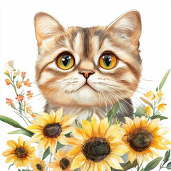 Feline and Sunflower Bloom: An adorable, big-eyed cat, framed by cheerful sunflowers, radiates a sweet, inviting charm, with artistic watercolor embellishments.