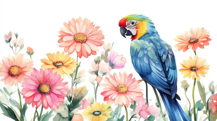 Fototapeta premium Vibrant Parrot with Floral Beauty: A stunning illustration showcases a colorful parrot perched amidst an array of blooming flowers, evoking a sense of natural beauty.