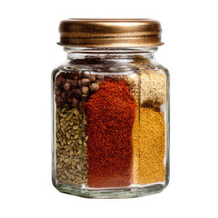 Small glass jar filled with various spices.  Gold-colored lid.  Visible layers of spices