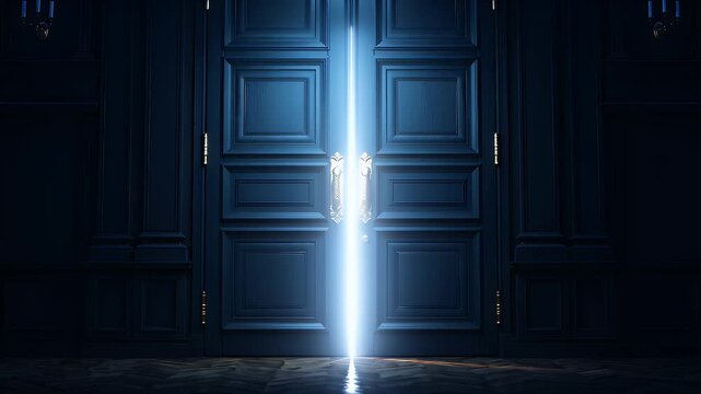 A grand blue door slightly ajar, revealing a bright light, set in an elegant interior with shadows