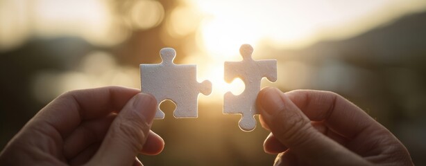 The puzzle pieces being connected in a warm, glowing sunset context.