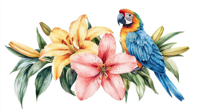 Tropical Parrot and Lily Floral Delight: A vibrant watercolor illustration of a vivid blue-and-yellow parrot perching amidst lush lilies and foliage, offering a visual symphony of tropical beauty.