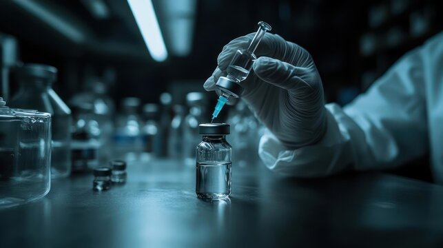 Intense vaccine preparation scene shows hope for medical progress in laboratory settings