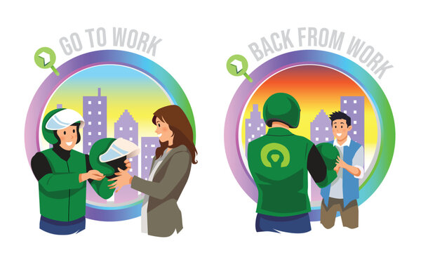 An illustration of online transportation for picking up and dropping off passengers to and from work.