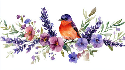 Watercolor Bird Surrounded by Flowers: A vibrant watercolor illustration featuring a colorful bird perched amidst a cascade of delicate flowers, creating a cheerful and inviting scene.
