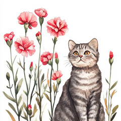 Cat and Carnations: A charming gray tabby cat sits amidst a bed of vibrant pink carnations, its gaze fixed upward. This picture evokes a sense of springtime, calm and sweet with fresh vibes.