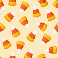 Fototapeta premium Colorful candy corn pattern on a soft beige background for festive occasions.
