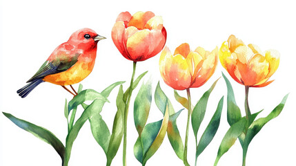 Crimson Finch with Tulips: A charming illustration of a vibrant crimson finch perched delicately, accompanied by a quartet of luminous tulips.