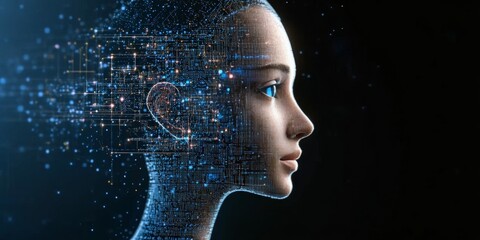 Sophisticated humanoid woman digital avatar with intricate circuitry and AI-driven features.