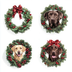 Festive Puppy Portraits: Charming canine companions framed within Christmas wreaths adorned with red ribbons and festive berries, capturing the joyful spirit of the holiday season.