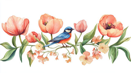 Floral Harmony: A delicate arrangement of vibrant orange tulips and petite blossoms frames a whimsical blue bird perching gracefully, presenting a stunning watercolor composition of natural beauty.