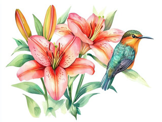 Floral Serenity: The image showcases a stunning arrangement of lilies, their vibrant petals elegantly displayed alongside a delicate hummingbird in an illustrated artistic composition.