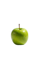 A single, ripe green apple with a brown stem, centered against a black background, showcasing subtle variations in its light green hue