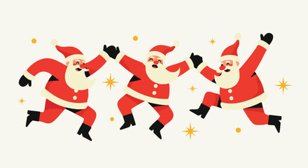 Joyful Santas dancing in festive holiday celebration, spreading Christmas cheer with vibrant energy and playful movement