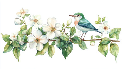 Blossom Branch with a Tiny Bird: Delicate blossoms and verdant foliage frame a tiny avian perched gracefully, creating an image of refined elegance. 