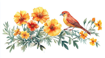 Blossom and bird: Capturing the serenity of a bird perching on a floral arrangement. Illustrating the beauty of nature's harmony with vibrancy of life.