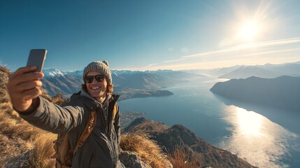 Travel influencer capturing selfie at scenic overlook lake landscape photorealistic image daylight setting adventurous spirit