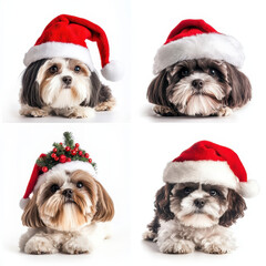 Festive Puppies: Four adorable puppies, each wearing a Santa hat, radiate holiday cheer in a heartwarming collage, perfect for spreading joy.