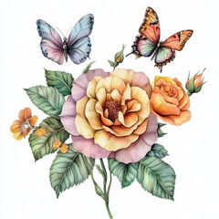 Floral Watercolor Symphony: An exquisite watercolor painting showcases delicate flowers and graceful butterflies in a harmonious arrangement, exuding natural beauty and artistic charm.